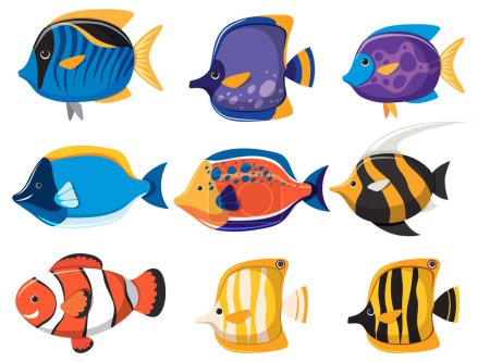 Illustration for Set of colourful saltwater fish cartoon simple style illustration - Royalty Free Image
