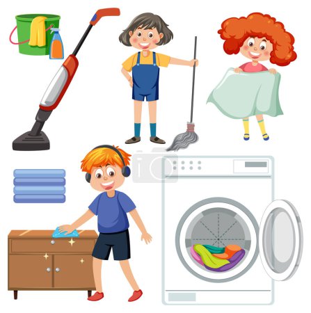 Illustration for Set of children doing chores with household equipments illustration - Royalty Free Image
