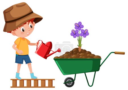 Téléchargez les photos : A boy watering flower in wheelbarrow illustration - en image libre de droit
