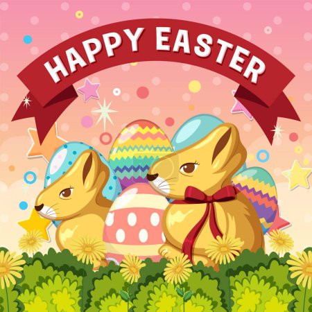 Illustration for Happy Easter Day Poster Design with Bunny and Colourful eggs illustration - Royalty Free Image