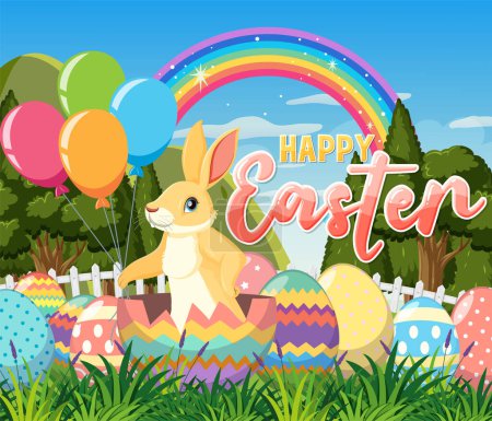 Illustration for Happy Easter Day Poster Design with Bunny and Colourful eggs illustration - Royalty Free Image