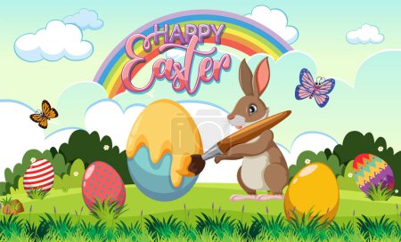 Téléchargez les illustrations : Œufs de Pâques avec lapin mignon dans le champ herbeux illustration - en licence libre de droit