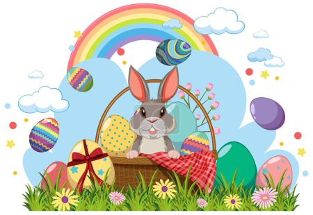 Illustration for Easter Eggs with Cute Bunny in a Grassy Field illustration - Royalty Free Image