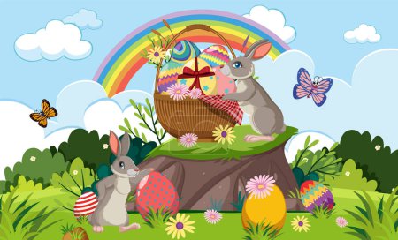 Illustration for Easter Eggs with Cute Bunny in Grassy Field illustration - Royalty Free Image