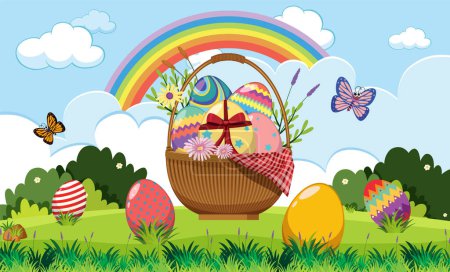 Illustration for Happy Easter Banner with Colourful Eggs in a Basket illustration - Royalty Free Image