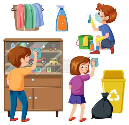 Téléchargez les photos : Set of children doing chores with household equipments illustration - en image libre de droit