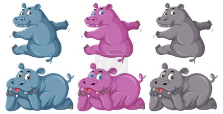 Téléchargez les illustrations : Ensemble de personnage de dessin animé hippopotame mignon dans une illustration de pose différente - en licence libre de droit