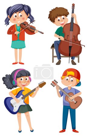 Téléchargez les illustrations : Jeu de personnage enfant dessin animé avec illustration d'instruments de musique - en licence libre de droit