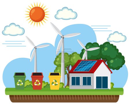 Téléchargez les illustrations : Une maison avec panneaux solaires et éoliennes illustration - en licence libre de droit