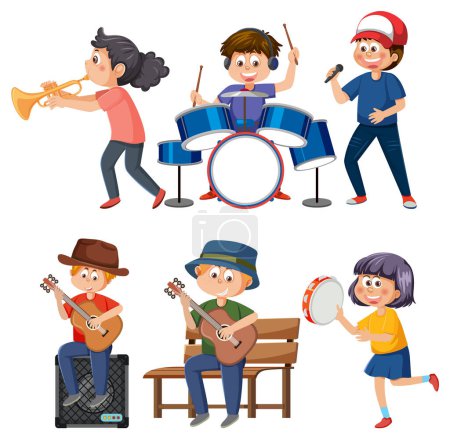 Set of cartoon kids character with music instruments illustration