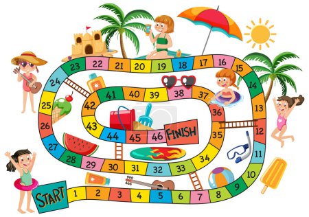Téléchargez les illustrations : Modèle de jeu de société simple pour enfants illustration de thème vacances d'été - en licence libre de droit