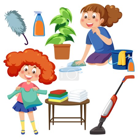 Illustration for Set of children doing chores with household equipments illustration - Royalty Free Image