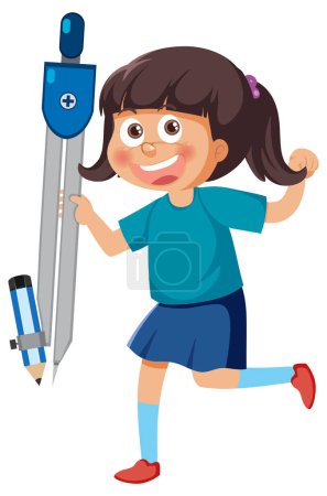 Illustration for Math girl cartoon character with compass illustration - Royalty Free Image