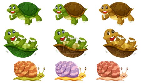 Téléchargez les photos : Ensemble d'illustration de personnage de dessin animé tortue et escargot - en image libre de droit
