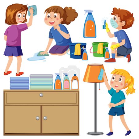 Ilustración de Conjunto de niños haciendo tareas con equipos domésticos ilustración - Imagen libre de derechos