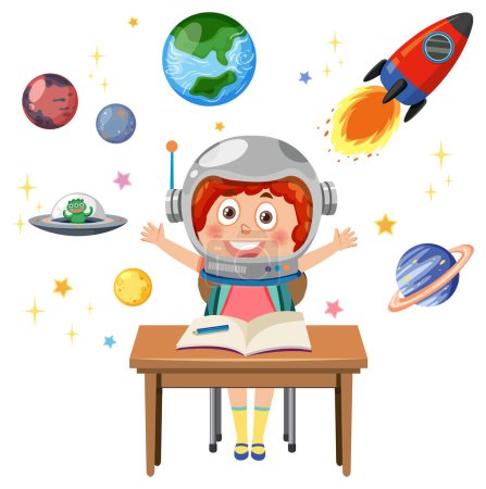 Téléchargez les illustrations : Illustration d'une fille portant un casque d'astronaute - en licence libre de droit