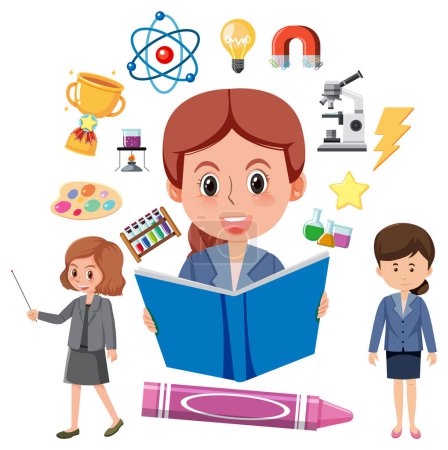 Illustration for Set of teaching equipment tools and teacher cartoon character illustration - Royalty Free Image