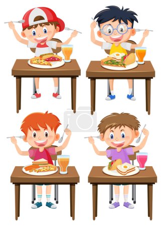 Téléchargez les illustrations : Ensemble de dessin animé pour enfants mangeant de la nourriture sur la table illustration - en licence libre de droit
