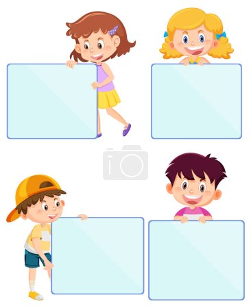 Illustration for Set of kid cartoon character with empty board illustration - Royalty Free Image