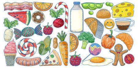 Ilustración de Alimentos en lápiz Dibujo de color Ilustración de estilo simple - Imagen libre de derechos