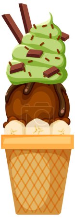 Illustration for Green tea ice cream cone with chocolate toppings illustration - Royalty Free Image