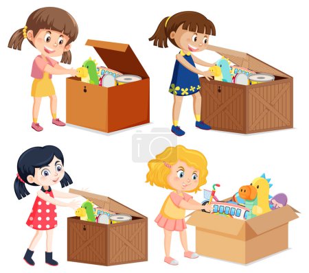 Téléchargez les illustrations : Set enfants avec jouets dans la boîte illustration - en licence libre de droit
