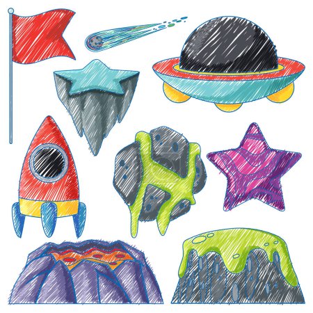 Téléchargez les illustrations : Planètes au crayon Croquis couleur Illustration de style simple - en licence libre de droit