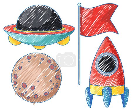 Ilustración de Objetos espaciales en lápiz Dibujo de color Ilustración de estilo simple - Imagen libre de derechos