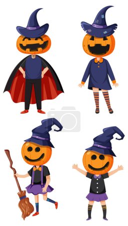 Illustration for Set of halloween cartoon character wearing spooky costume illustration - Royalty Free Image
