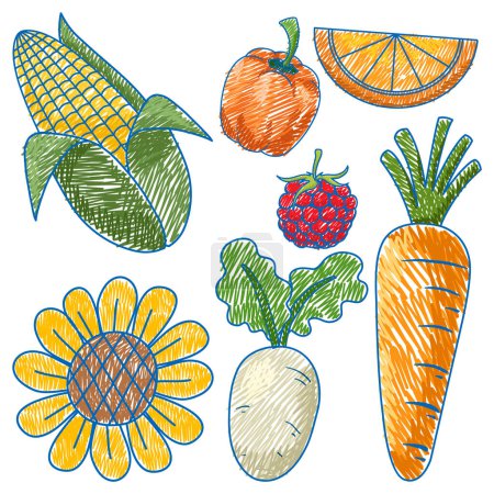 Ilustración de Frutas y verduras en color lápiz Boceto Ilustración de estilo simple - Imagen libre de derechos