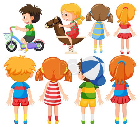 Ilustración de Conjunto de niños detrás de la ilustración de personajes de dibujos animados - Imagen libre de derechos