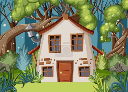Fairytale house in forest scene illustration