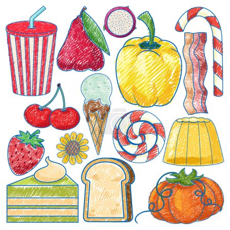 Ilustración de Alimentos y objetos dulces en lápiz Dibujo de color Ilustración de estilo simple - Imagen libre de derechos