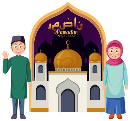 Illustration for Muslim Couple with Mosque illustration - Royalty Free Image