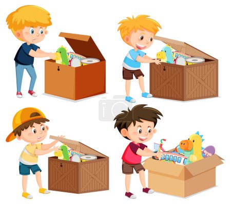 Illustration for Set children with toys in the box illustration - Royalty Free Image