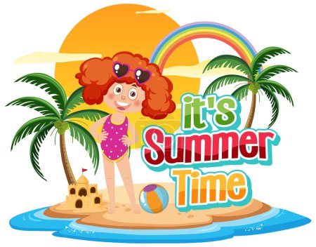 Téléchargez les illustrations : Its summer time text with kids on the beach illustration - en licence libre de droit