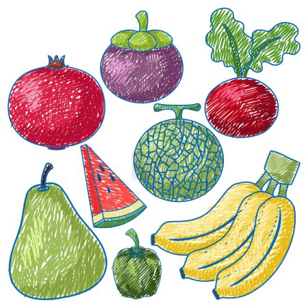 Illustration for Fruits and vegetables in Pencil Colour Sketch Simple Style illustration - Royalty Free Image