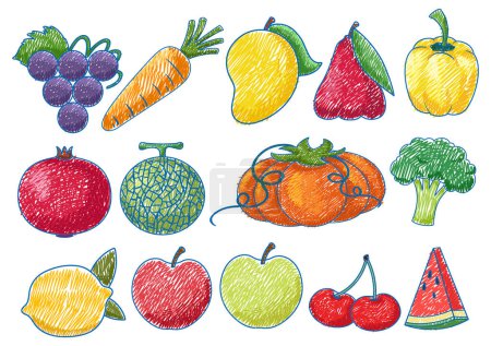 Illustration for Fruits and Vegetable in Pencil Colour Sketch Simple Style illustration - Royalty Free Image