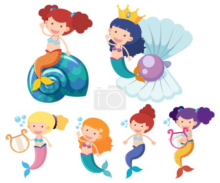 Illustration for Set of cute mermaid cartoon character simple style illustration - Royalty Free Image