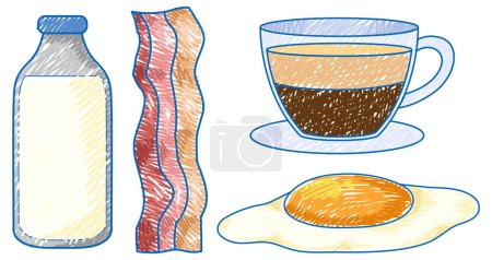 Illustration for Breakfast Elements in Pencil Colour Sketch Simple Style illustration - Royalty Free Image