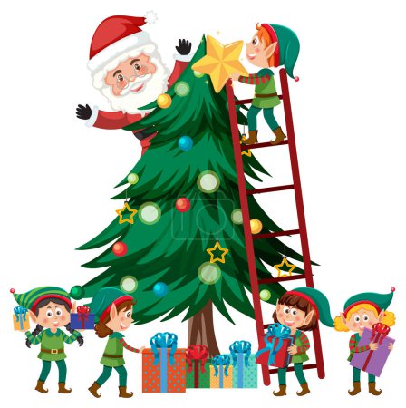 Illustration for Children in elf costume and Santa Claus decorating Christmas tree illustration - Royalty Free Image