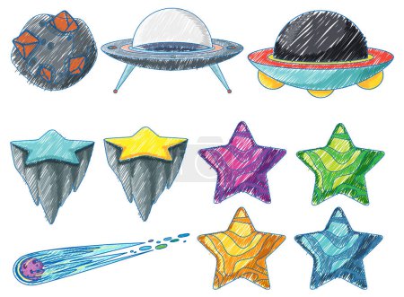 Téléchargez les illustrations : Objets d'espace au crayon Croquis couleur Illustration de style simple - en licence libre de droit
