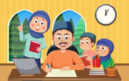 Téléchargez les illustrations : Illustration de famille musulmane à domicile - en licence libre de droit