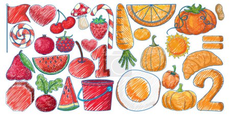 Ilustración de Objetos rojos y anaranjados en lápiz Dibujo de color Ilustración de estilo simple - Imagen libre de derechos