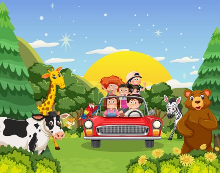 Illustration for Group of friend travel to open zoo illustration - Royalty Free Image