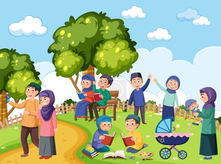 Ilustración de Familia musulmana disfrutando de la ilustración al aire libre - Imagen libre de derechos