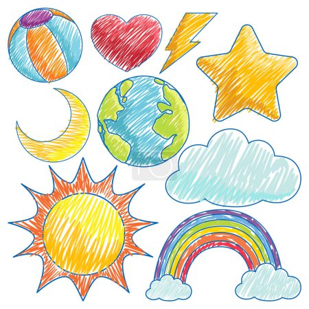 Téléchargez les illustrations : Icônes météo au crayon Croquis couleur Illustration de style simple - en licence libre de droit