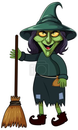 Ilustración de Bruja vieja sosteniendo en un palo de escoba ilustración de personajes de dibujos animados - Imagen libre de derechos