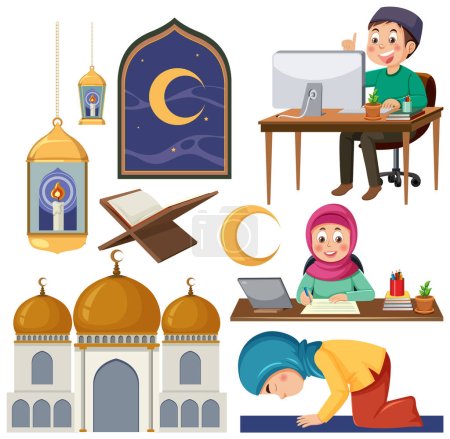 Illustration for Muslim cartoon characters set illustration - Royalty Free Image