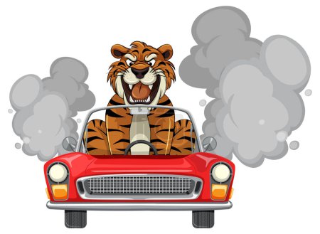 Téléchargez les illustrations : Tigre conduisant une illustration de voiture classique - en licence libre de droit